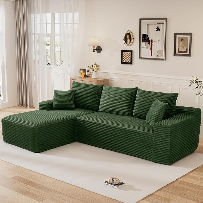 108" L Shaped Cloud Boneless Sectional Couches for Living Room, Modern Comfy Modular Deep Seat Memory Foam Compressed Corduroy Sofa Oversized Left Facing Chaise, No Assembly Required, Green
