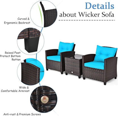 Tangkula 3 Pieces Patio Furniture Set, PE Rattan Wicker 3 Pcs Outdoor Sofa Set w/Washable Cushion and Tempered Glass Tabletop, Conversation Furniture for Garden Poolside Balcony (Turquoise)