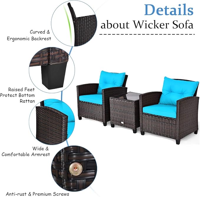 COSTWAY 3PCS Patio Furniture Set, PE Rattan Wicker Sofa w/Washable Cushion and Coffee Table, Tempered Glass Tabletop, Outdoor Conversation Set for Balcony, Porch, Yard, Backyard, Lawn, Turquoise