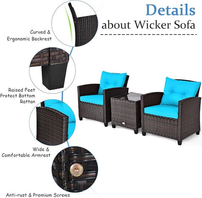 COSTWAY 3PCS Patio Furniture Set, PE Rattan Wicker Sofa w/Washable Cushion and Coffee Table, Tempered Glass Tabletop, Outdoor Conversation Set for Balcony, Porch, Yard, Backyard, Lawn, Turquoise