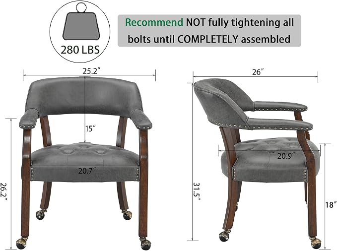 LEEMTORIG Dining Chairs with Casters and Arms, Upholstered Rolling Dining Chairs with Wheels for Elderly, Ergonomic Wide Seat Wooden Office Chair, 26"Dx25.2"W, Cherry Legs&Dark Grey Fabric SY-1533-GY