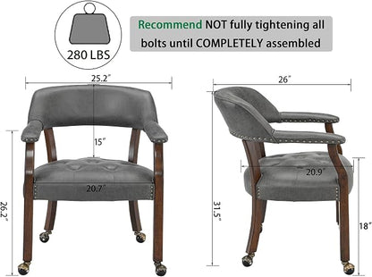 LEEMTORIG Dining Chairs with Casters and Arms, Upholstered Rolling Dining Chairs with Wheels for Elderly, Ergonomic Wide Seat Wooden Office Chair, 26"Dx25.2"W, Cherry Legs&Dark Grey Fabric SY-1533-GY