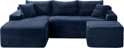 95-Inch U-Shaped Left Facing Corner Compressed Sofa Modular Sectional Boneless Cloud Sofa Floor Foam Couch W/Chaise Lounge & Ottoman, Corduroy Corner Boneless Cloud Couch