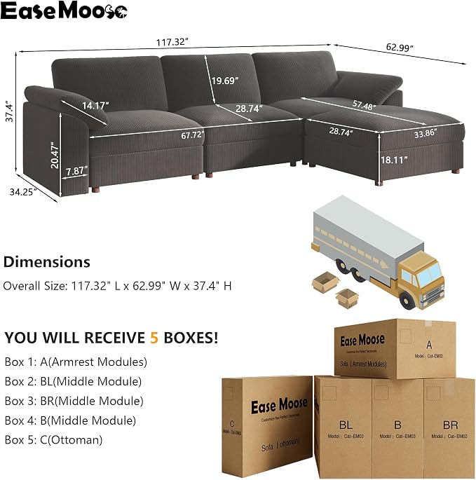 EASE MOOSE Large L Shape Sectional Modular Couch,Comfty Oversized Sectional Cloud Sofa,Wide Deep Seat Dark Gray Couch for Living Room,Removable Cover