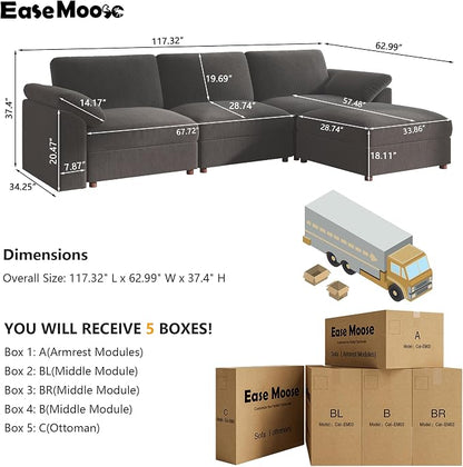 EASE MOOSE Large L Shape Sectional Modular Couch,Comfty Oversized Sectional Cloud Sofa,Wide Deep Seat Dark Gray Couch for Living Room,Removable Cover