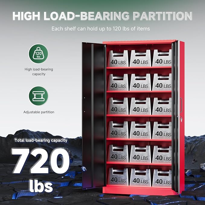 Letaya Metal Garage Storage Cabinets with Lock, 71" Tall Locker Organizer Steel Tool Cabinets,5 Adjustable Shelves 2 Doors for Home Office, Warehouse,Garage,Industrial,Employee (Black Red)