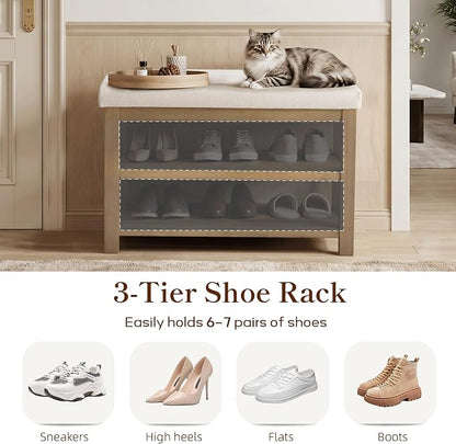 Zihanhome 2 Tier Shoe Rack Bench with Cushion, Solid Wood Shoe Benches, Mid-Century Modern Shoe Storage Bench for Entryway, Hallway, Living Room, Closet, Front Door Entrance, (Beige, 31.5")