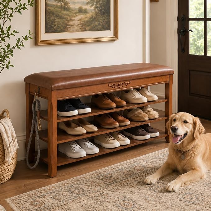 Shoe Rack Bench Entryway Storage with Leather Cushion, Shoe Organizer Bench for Entryway, Front Doors Entrances Hallway,Mudroom,Closet, Bedroom,Solidwood 3 Height-Adjustable Removable Shelve,47.2"