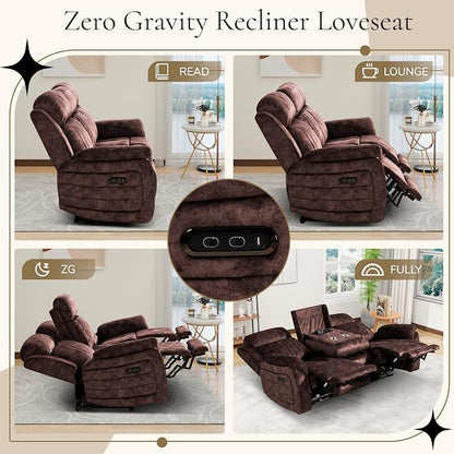 Power Reclining Sofa with Zero Gravity, Adjustable Headrest, Electric Reclining Couch with Wireless Charge, USB/Type-C Ports, Wall Hugger Couches for Living Room (Brown, 3 Seater Sofa)