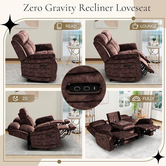 Power Reclining Sofa Set with Adjustable Headrest, Electric Reclining Sofa and Loveseat with USB/Type-C Ports, Reclining Living Room Set for Home Theater(Brown, Loveseat+Sofa)