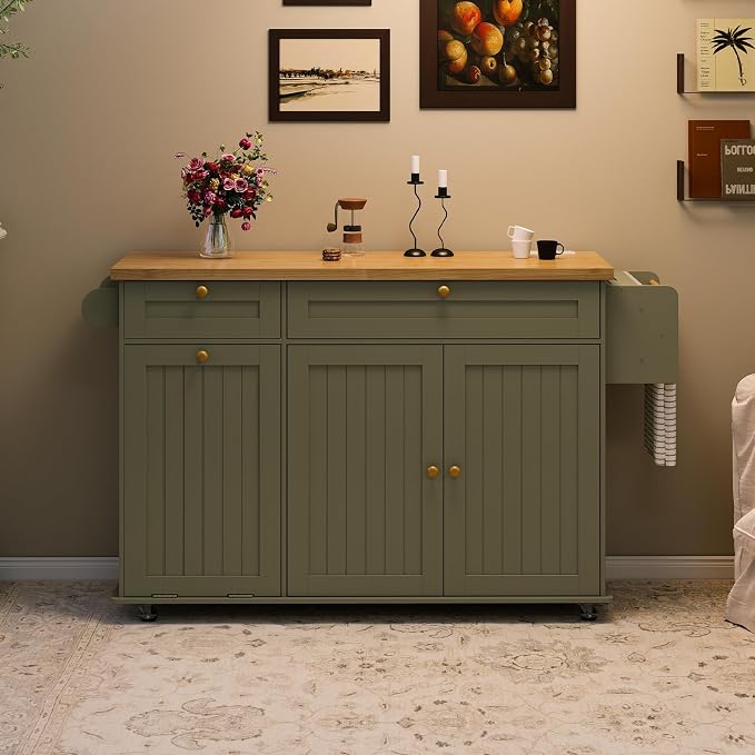 ComfyCorner 60" Rolling Large Kitchen Island on Wheels with Extendable Table, Drop Leaf & Power Outlet, Mobile Kitchen Cart with Storage Cabinet, 2 Drawers, Spice Rack, Towel & Knife Holder, Green