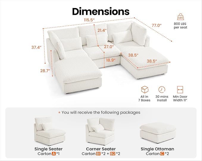 115" Oversized Corduroy Couch Modular Sectional Sofa, Washable Cloud Couch Sectional with 2 Ottoman, 5 Seater Sectional Couches for Living Room, Fully Cover Removable, U Shaped, Corduroy, White