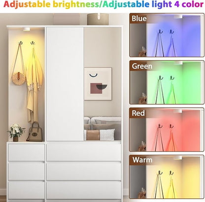 White Wardrobe Closet with Mirror and LED Light, Armoire Wardrobe with 6 Drawers, Hanging Rod, Open Shelves, Freestanding Bedroom Storage Cabinet