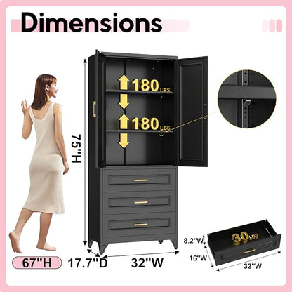 UNICOLY Pantry Kitchen Cabinet with Drawer, 75" Tall Pantry Storage Cabinet, Metal Storage Cabinets with Doors and Shelves, Large Freestanding Cupboard for Dining Room, Assembly Required, Black