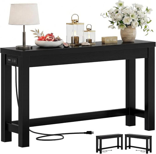 Cyclysio 47" Console Table with Charging Station, 13.8" Deep Farmhouse Sofa Table Behind Couch with 2 AC Outlets & 3 USB Ports, Entryway TV Console or Compact Home Office Desk, Black