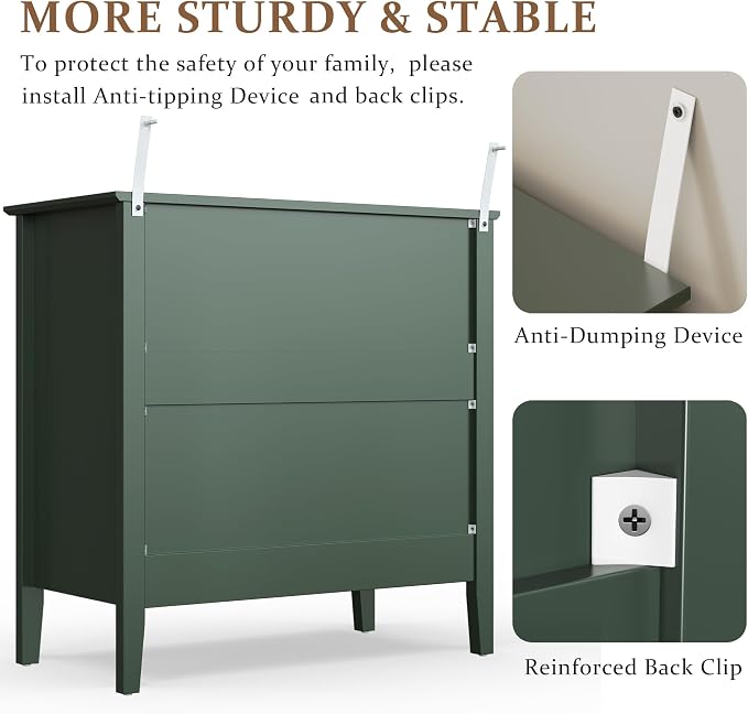 RoyalCraft 32" Large Nightstand, Fluted Painted Bedside Table with 3 Spacious Drawers, Modern Tall End Table for Bedroom, Dark Green