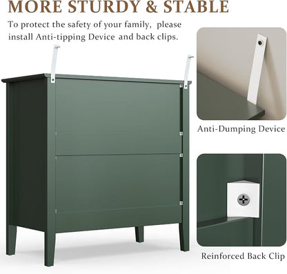 RoyalCraft 32" Large Nightstand, Fluted Painted Bedside Table with 3 Spacious Drawers, Modern Tall End Table for Bedroom, Dark Green