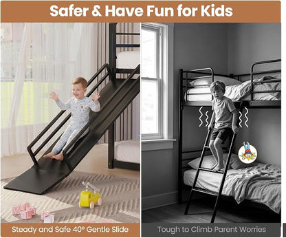 Twin Over Twin Bunk Bed with Slide 40° Gentle-Slope & LED Light, House-Shaped Low Bunk Bed Twin Size with 13.4" Extra-Tall Guardrail & Ladder, Heavy Duty, No Box Spring Needed, Easy Assembly, Black