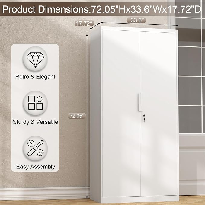 GREATMEET Metal Garage Storage Cabinet with 2 Doors and Shelves - 72" x 34" x 18" Steel Lockable File Cabinet, White Locking Tool Cabinets for Office Home Garage Gym School