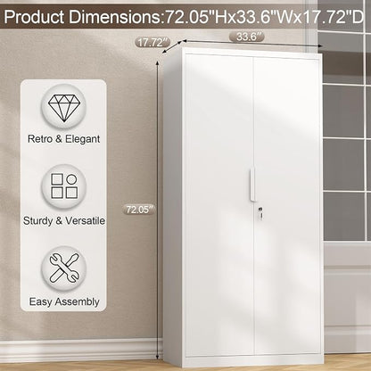 GREATMEET Metal Garage Storage Cabinet with 2 Doors and Shelves - 72" x 34" x 18" Steel Lockable File Cabinet, White Locking Tool Cabinets for Office Home Garage Gym School