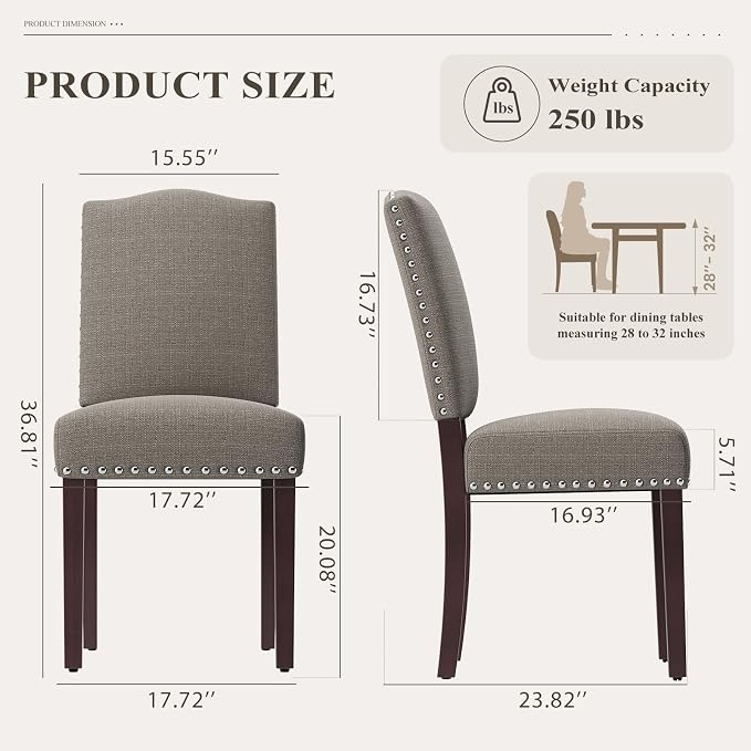 Upholstered Parsons Dining Chairs Set of 2, Modern Dining Room Chairs with Back, Fabric Kitchen Side Chairs with Wood Legs, Nailhead Trim for Dinner Farmhouse Restaurant, Taupe