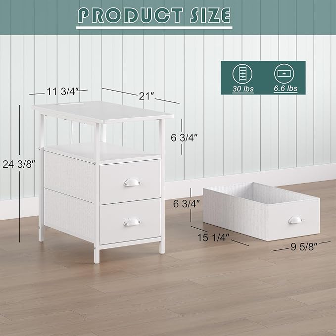 sthmec End Table with Charging Station, Narrow Side Table with 2 Drawers, LED Nightstands with Drawers, USB Ports & Power Oulets,Slim Sofa Side Tables for Small Spaces,Living Room,Bedroom,White