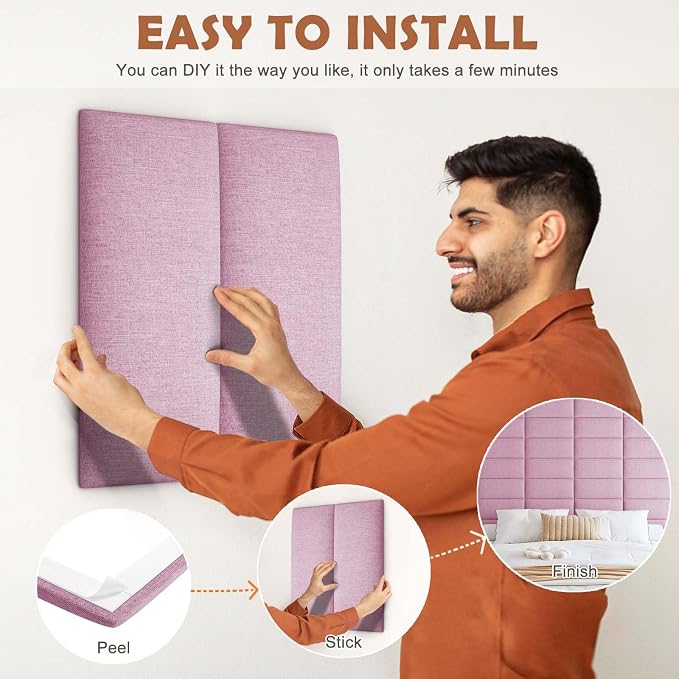 IFNOW Upholstered Wall Mounted Headboard, 3D Soundproof Wall Panels Peel and Stick for Queen Size, Reusable and Removable Tufted Bed Headboard in Light Pink (9 Panels, 10" x 24")