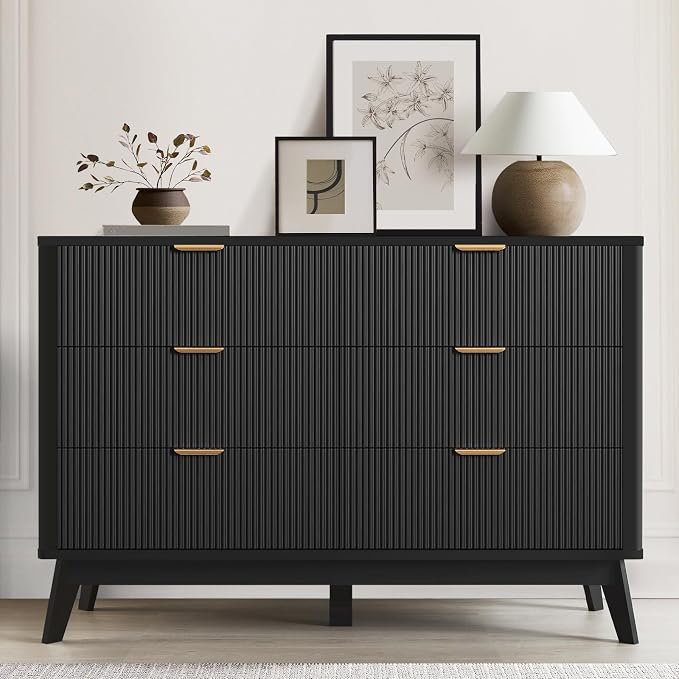 SUNWAVE 6 Drawer Dresser for Bedroom, 49.6" Wide Modern Fluted Dresser with Round Corner, Wood Chest of Drawers for Living Room (Black)