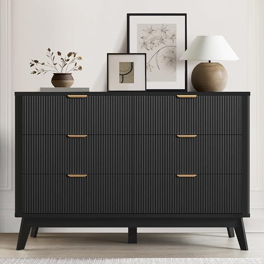 SUNWAVE 6 Drawer Dresser for Bedroom, 49.6" Wide Modern Fluted Dresser with Round Corner, Wood Chest of Drawers for Living Room (Black)