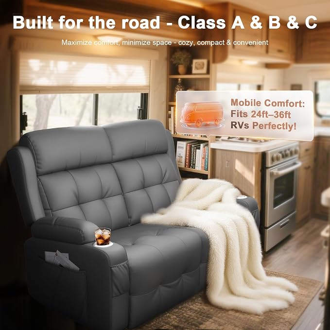 Reclining Loveseat, 55.1" RV PU Leather Wall Hugger Recliner Love Seats Sofa with Charging Station, Removable Armrest, Cup Holder, Double Recliners Couch, Manual Love Seat for Living Room