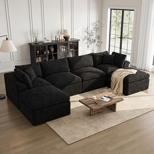 Cloud Sectional Couches for Living Room | 144 Inch U-Shaped Boneless Couch with Ottoman | Black Modular Sectionals Sofa Couch
