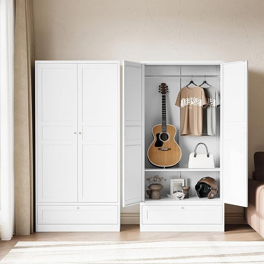 Letaya Metal Wardrobe Cabinets,18" Deep Clothing Storage Cabinet with Doors and Shelves,for Home Room,Fire Department, School, Employee,Gym,Government (White)