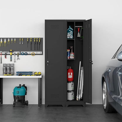 Slim Broom Closet Storage Cabinet, Black Metal Cabinets with Lock and & S-Hooks, Cleaning Supply Cabinet, Utility Closet Cabinets for Garage, Office, Laundry Room