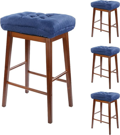 Rectangular Stool Cushion Set of 4, Soft Saddle Stool Cushions with Ties, Nonslip and Washable, Dark Blue, 18 x 10.5 x 4 Inch