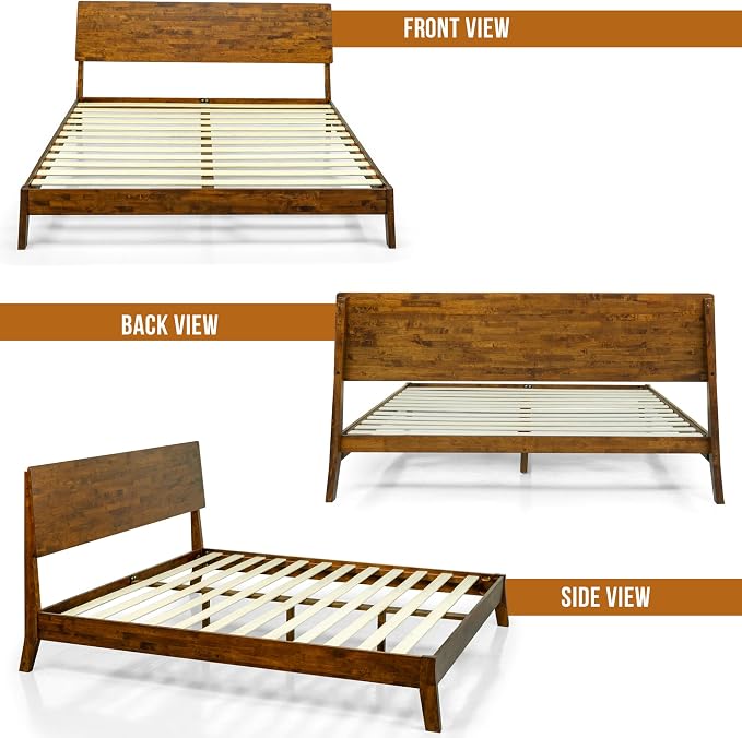 Acacia Serenity Bed Frame with Headboard Solid Wood Platform Bed, Queen Bed Frame, Tall Headboard Wood Bed Compatible with All Mattress Types, No Box Spring Needed, Quick & Easy Assembly, Caramel