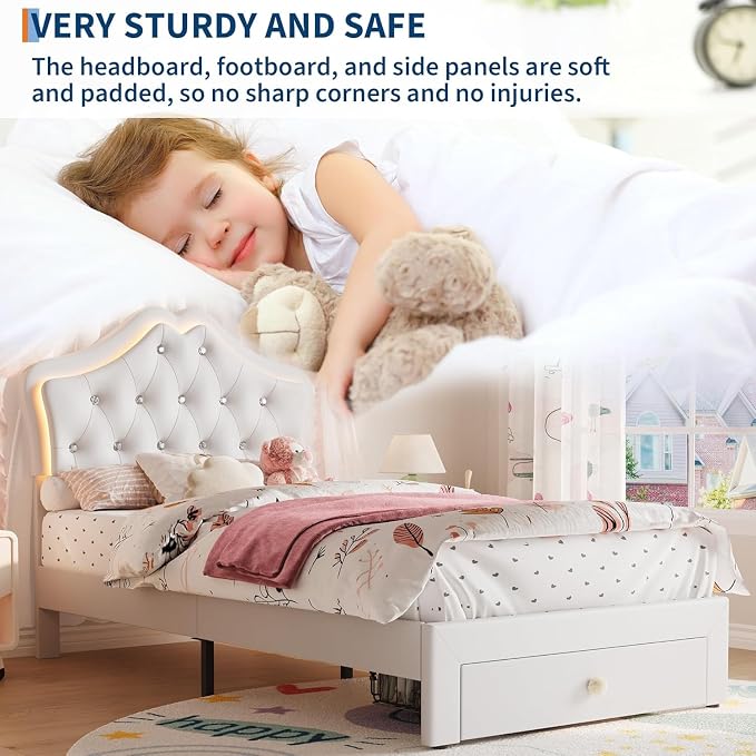 Garvee Twin XL Size Bed Frame with LED Lights & Velvet Crystal Button Headboard, Upholstered Boy/Girl Platform Bed with Storage Drawer, Noise Free, No Box Spring Needed for Kids, Teens, Beige