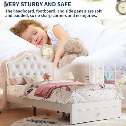 Garvee Twin XL Size Bed Frame with LED Lights & Velvet Crystal Button Headboard, Upholstered Boy/Girl Platform Bed with Storage Drawer, Noise Free, No Box Spring Needed for Kids, Teens, Beige