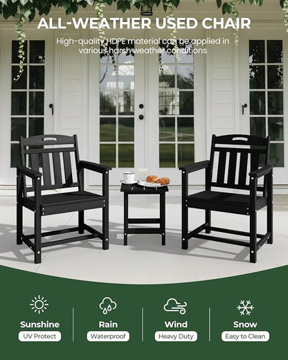 Set of 2 Weatherproof Patio Chairs - HDPE Outdoor Dining Chairs with Wide Seat, Ergonomic Design - for Garden, Backyard, Deck - Black