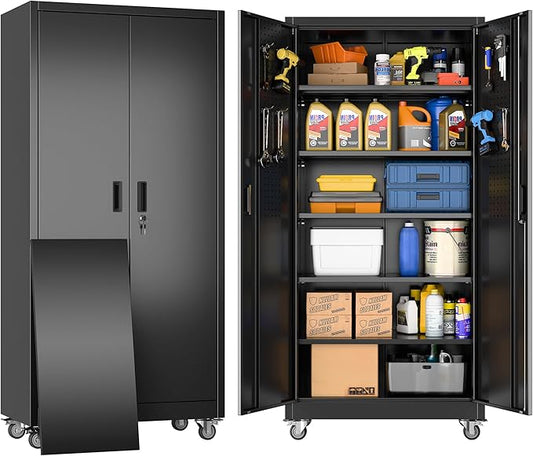 Garage Storage Cabinet with Wheels & Pegboard Doors, Lockable Metal Storage Cabinet with 5 Adjustable Shelves for Garage, Home, Black, Assembly Required, 71" H x 34" W x 18" D