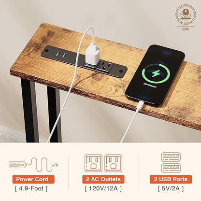 Keelian 63" Sofa Table Narrow Long - Power Outlets & 2 USB Ports, Metal Frame,Behind Couch Table Behind Sofa for Living Room, Hallway, Entrance- Easy Assembly, 4.9' Extension Cord Included.
