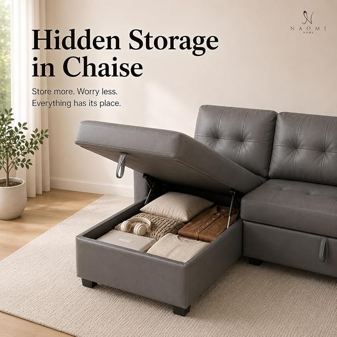 Naomi Home 84" L-Shaped Sectional Sleeper Sofa with Pull Out Bed | Sleeps Guests Comfortably, Stores Essentials in Chaise & Saves Space, Air Leather, Gray Convertible Sofa Bed
