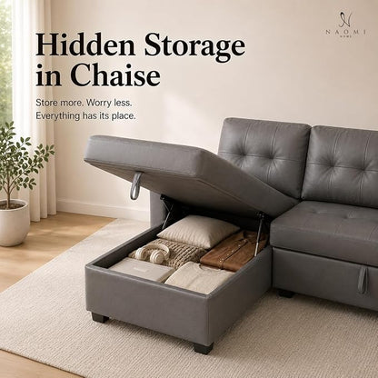 Naomi Home 84" L-Shaped Sectional Sleeper Sofa with Pull Out Bed | Sleeps Guests Comfortably, Stores Essentials in Chaise & Saves Space, Air Leather, Gray Convertible Sofa Bed