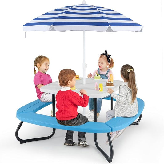 KOTEK 8-Person Kids Picnic Table, Toddler Activity Table with Removable Umbrella, 4 Built-in Benches, HDPE Top & Metal Frame, Kids Outdoor Table for Patio Garden Backyard (White+Blue)