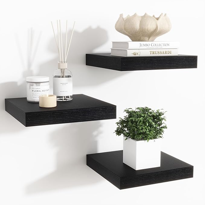 Fun Memories Floating Shelves for Wall - 7.5 Inch Square Shelves with Invisible Brackets, Black Small Wall Shelf for Living Room, Bathroom, Bedroom, and Kitchen Decor Black Set of 3
