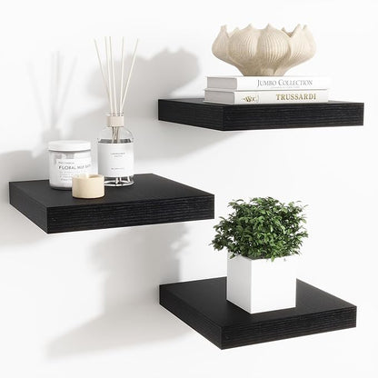 Fun Memories Floating Shelves for Wall - 7.5 Inch Square Shelves with Invisible Brackets, Black Small Wall Shelf for Living Room, Bathroom, Bedroom, and Kitchen Decor Black Set of 3
