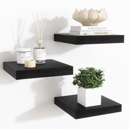 Fun Memories Floating Shelves for Wall - 7.5 Inch Square Shelves with Invisible Brackets, Black Small Wall Shelf for Living Room, Bathroom, Bedroom, and Kitchen Decor Black Set of 3
