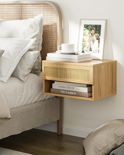 Floating Nightstand, Small Modern Floating Nightstand with Drawer, Floating Shelves for Bedroom, Bathroom (Oak Rattan)