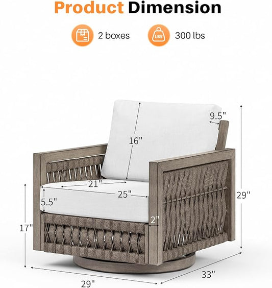 Swivel Patio Chair, Never Rust Aluminum Outdoor Swivel Sofa Chair with Washable Cushions, Rope Weave Patio Sofa Armchair, Deep Seating Outdoor Club Chairs for Garden, Porch, Poolside, Gray Oak