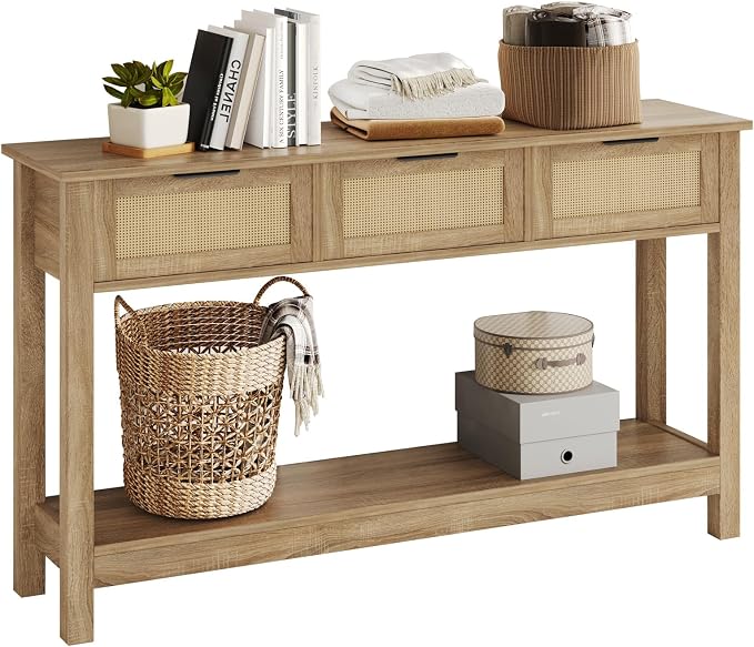 Luoxiao Rattan Console Table 3-Drawer 47" Narrow Wood Entryway Sofa Table | Trendy Boho Hallway Foyer Storage, Open Shelf, Sturdy Entry Table for Living Room, Couch, Easy Assembly, Anti-Tip, Natural