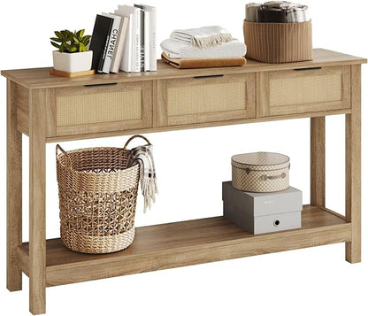 Luoxiao Rattan Console Table 3-Drawer 47" Narrow Wood Entryway Sofa Table | Trendy Boho Hallway Foyer Storage, Open Shelf, Sturdy Entry Table for Living Room, Couch, Easy Assembly, Anti-Tip, Natural